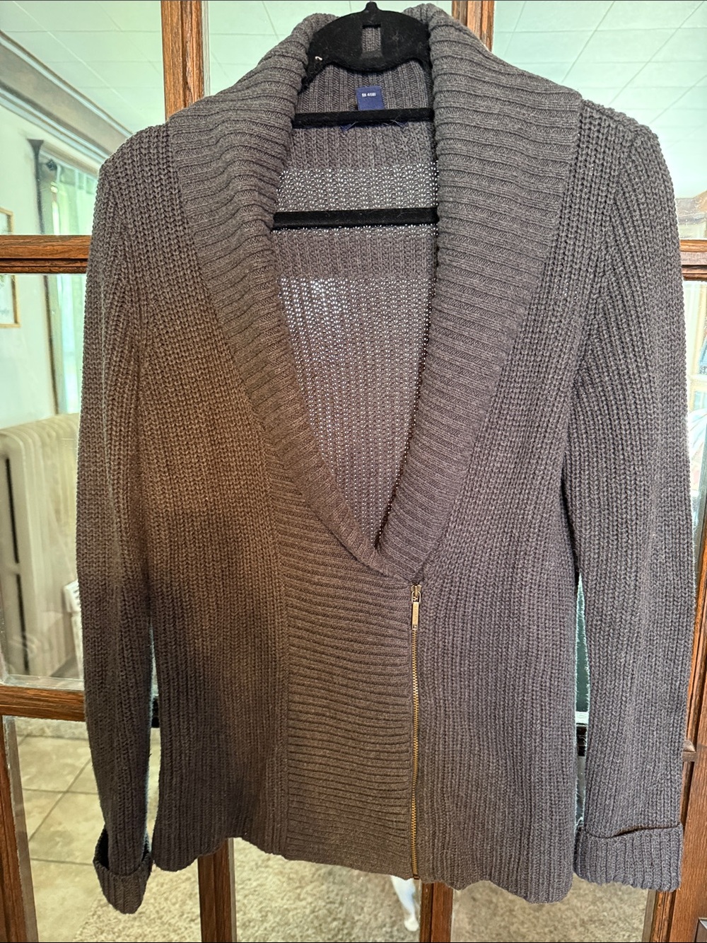 Chaps Womens Gray Cotton Ribbed Knit Asymmetrical Side Zip Shawl Cardigan Size M